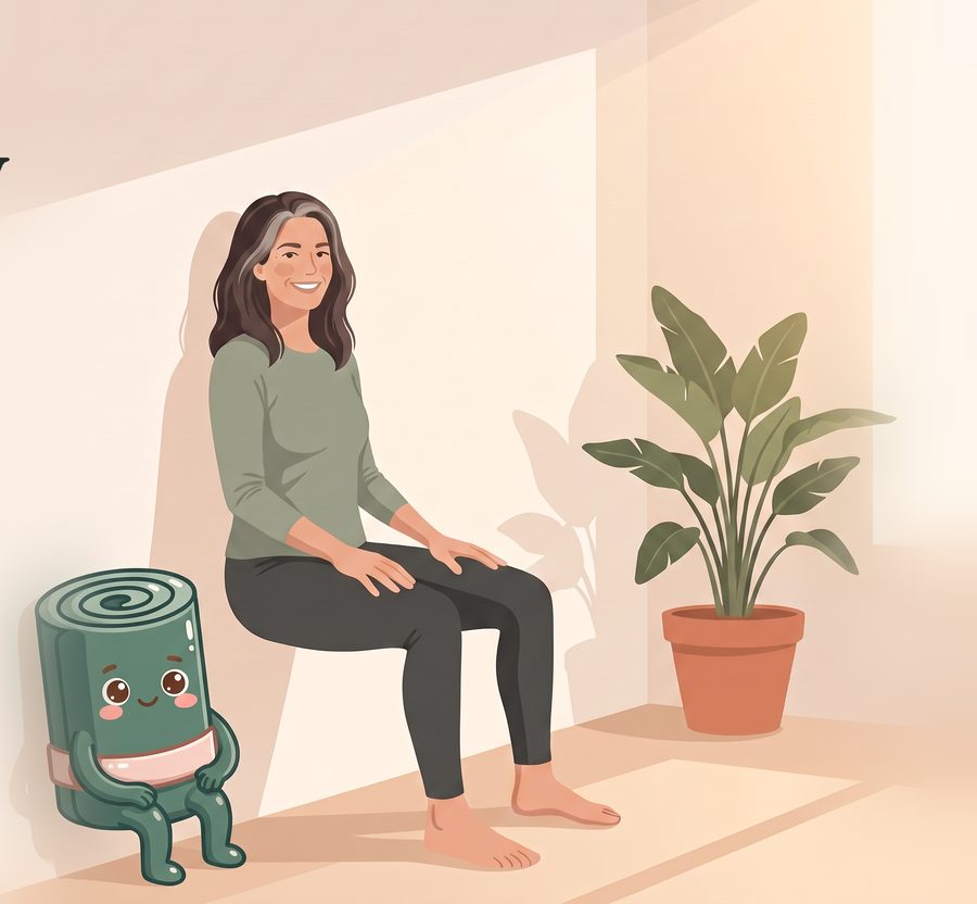 A woman doing a wall sit at home, with Mattie, WallWell's rolled-up mat mascot