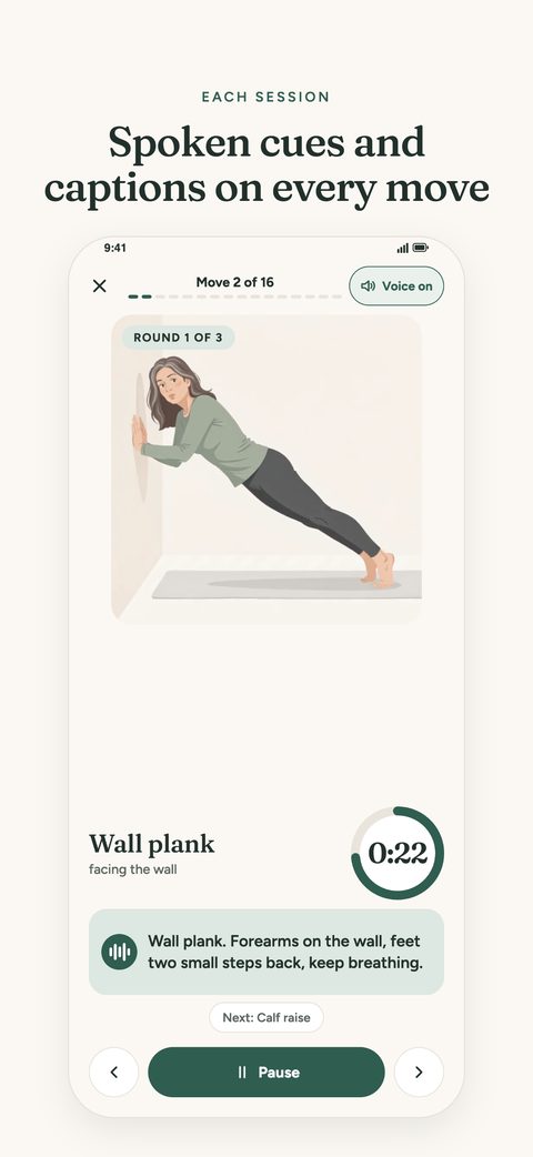 A session: wall plank with a timer and a spoken cue